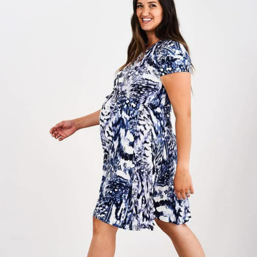 Blue and White Patterned Maternity/Nursing Dress